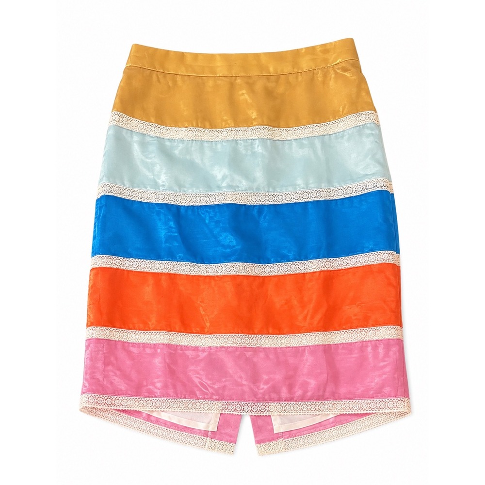 J.Crew Pencil Skirt Colorblock Lace Trim Womens 4 Multicolor Preppy Eclectic